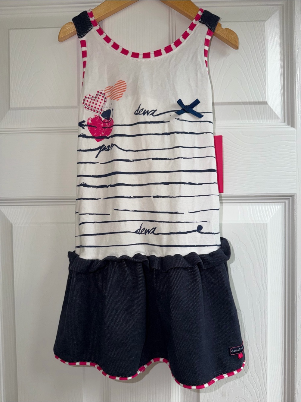 NWT Deux Par Deux Stripe Heart Dress 3 | Denim Ruffle Navy Pink $53